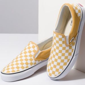 yellow checkerboard vans slip on